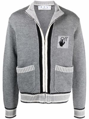 Off-White Varsity-stripe logo-patch knitted cardigan - Grey