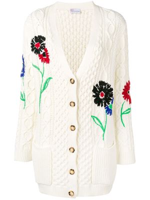 RED Valentino floral-embroidered cable-knit cardigan - White