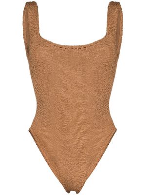 Hunza G square-neck crinkle-effect swimsuit - Brown