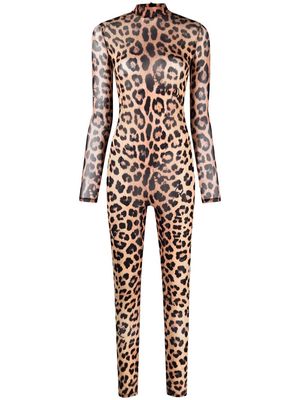Philipp Plein long-sleeved leopard-print jumpsuit - Neutrals