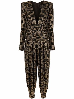Philipp Plein gem-embellished leopard-print jumpsuit - Neutrals