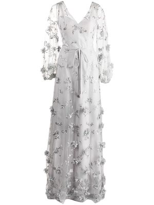 Marchesa Notte Bridesmaids floral-detail puff-sleeve gown - Grey