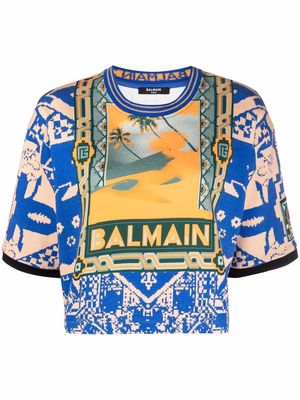 Balmain logo-print cropped T-shirt - Blue