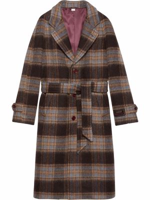 Gucci Check wool logo-patch coat - Brown