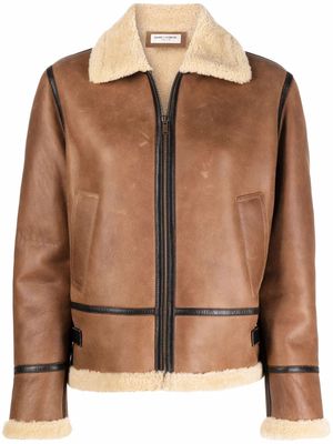 Saint Laurent shearling-trim leather jacket - Brown