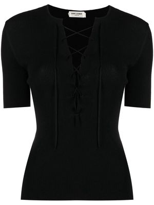 Saint Laurent lace-up ribbed knit top - Black