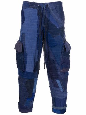 Greg Lauren patchwork drawstring-waist cargo trousers - Blue