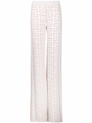 Balmain textured monogram-pattern straight-leg knitted trousers - Neutrals