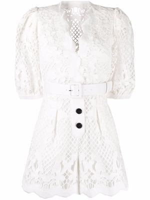 Self-Portrait lattice-lace belted playsuit - White