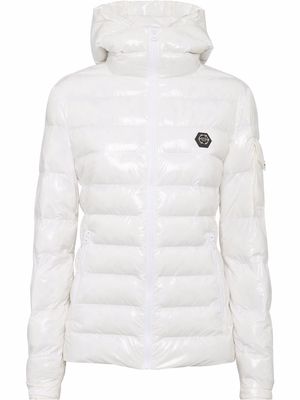 Philipp Plein high-shine hooded down jacket - White