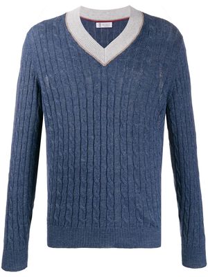 Brunello Cucinelli V-neck cable-knit sweater - Blue