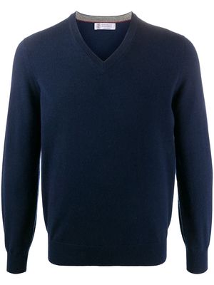 Brunello Cucinelli plain v-neck jumper - Blue