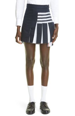 Thom Browne 4-Bar Half Pleated Cotton Twill Miniskirt in Navy