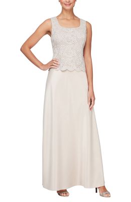Alex Evenings Embroidered Lace Mock Two-Piece Gown with Jacket in Taupe