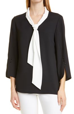 Misook Contrast Tie Neck Blouse in Black/White