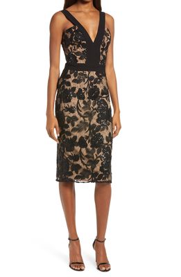 Dress the Population Floral Lace Applique Dress in Black-Nude