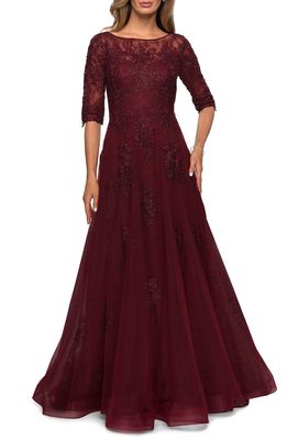 La Femme Floral Lace & Tulle Gown in Burgundy