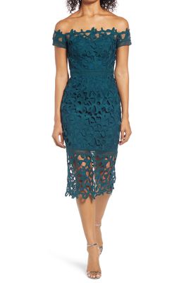 Chi Chi London Anna Lace Off the Shoulder Sheath Dress in Teal
