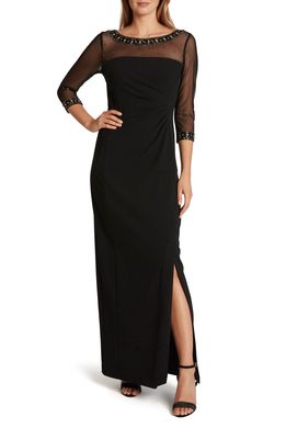 Tahari Stretch Crepe Illusion Sleeve Gown in Black