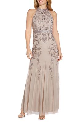 Adrianna Papell Bead Embellished Halter Evening Gown in Marble