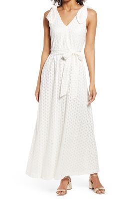 Donna Ricco Bow Shoulder Belted Lace Dress in Ivory
