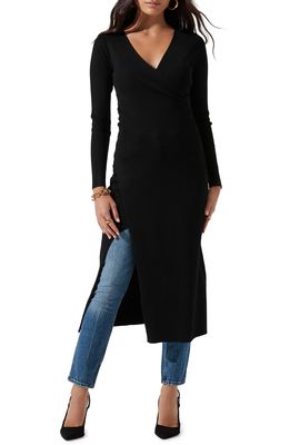 ASTR the Label Cross Front High Slit Long Sweater in Black