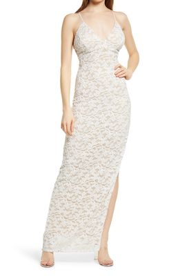 LNL Leaf Lace Body-Con Gown in Ivory/Nude