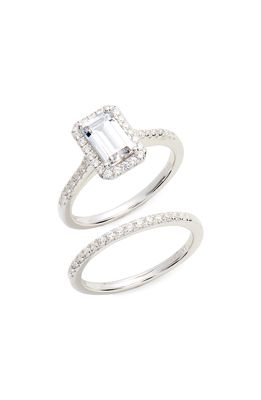 Lafonn Emerald Cut Halo Engagement Ring & Wedding Band Set in Silver/Clear