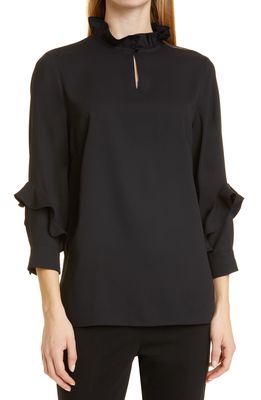 Misook Ruffle Long Sleeve Crepe Tunic in Black