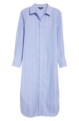 Misook Contrast Pinstripe Long Sleeve Cotton Shirtdress in Ribbon Blue/iris Flower/white