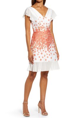 Chi Chi London Francesca Embroidered Fit & Flare Dress in Coral