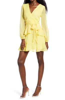 Leith Long Sleeve Wrap Front Minidress in Yellow- White Dot