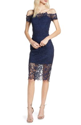 Chi Chi London Eriella Off the Shoulder Lace Dress in Navy