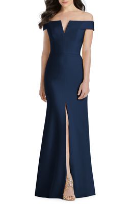 Dessy Collection Notched Off the Shoulder Crepe Gown in Midnight