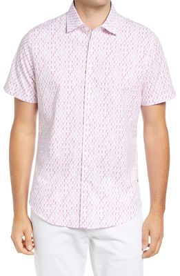 Stone Rose Flamingo Print Stretch Short Sleeve Button-Up Shirt in White