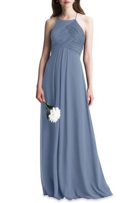 Levkoff Halter Chiffon A-Line Gown in Slate