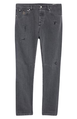 Brunello Cucinelli Ripped & Repaired Rigid Jeans in C1482 Medium Grey