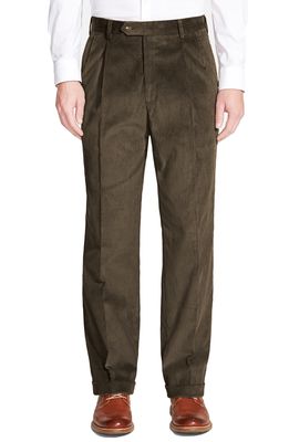 Berle Pleated Classic Fit Corduroy Trousers in Olive