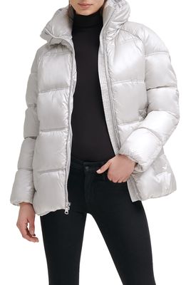 Kenneth Cole New York Box Quilted Puffer Jacket with Removable Hood in Silver