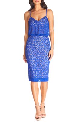 Dress the Population Alisha Lace Blouson Cocktail Dress in Electric Blue