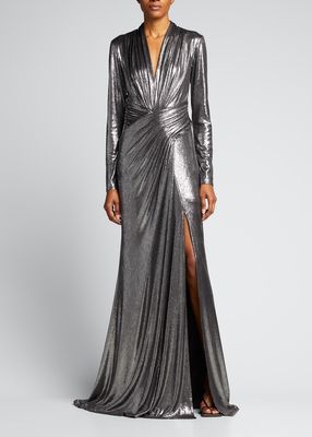 Metallic Jersey V-Neck Gown