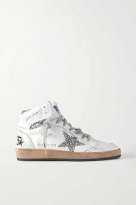 Golden Goose - Sky Star Distressed Glittered Leather High-top Sneakers - Off-white