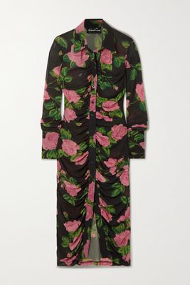 Richard Quinn - Ruched Floral-print Stretch-mesh Shirt Dress - Pink