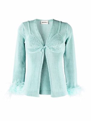 Seen Users feather-trim open-knit cardigan - Green