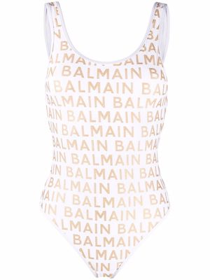 Balmain metallic-logo print swimsuit - White