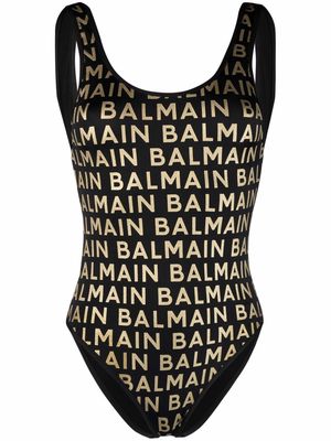 Balmain metallic-threaded logo swimsuit - Black