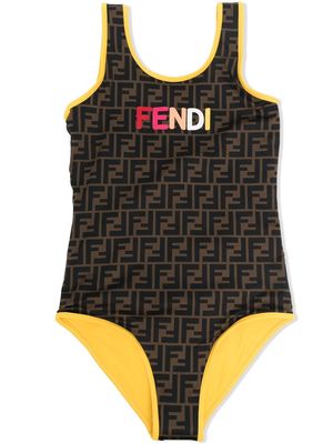 Fendi Kids TEEN FF-print logo swimsuit - Brown