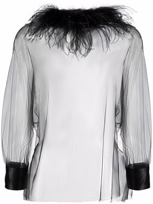 Styland feather-trim sheer blouse - Black