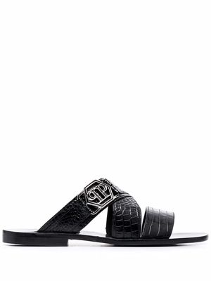 Philipp Plein crocodile-embossed flat sandals - Black