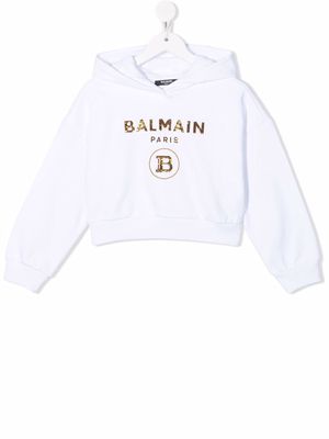 Balmain Kids cropped sequin-logo hoodie - White